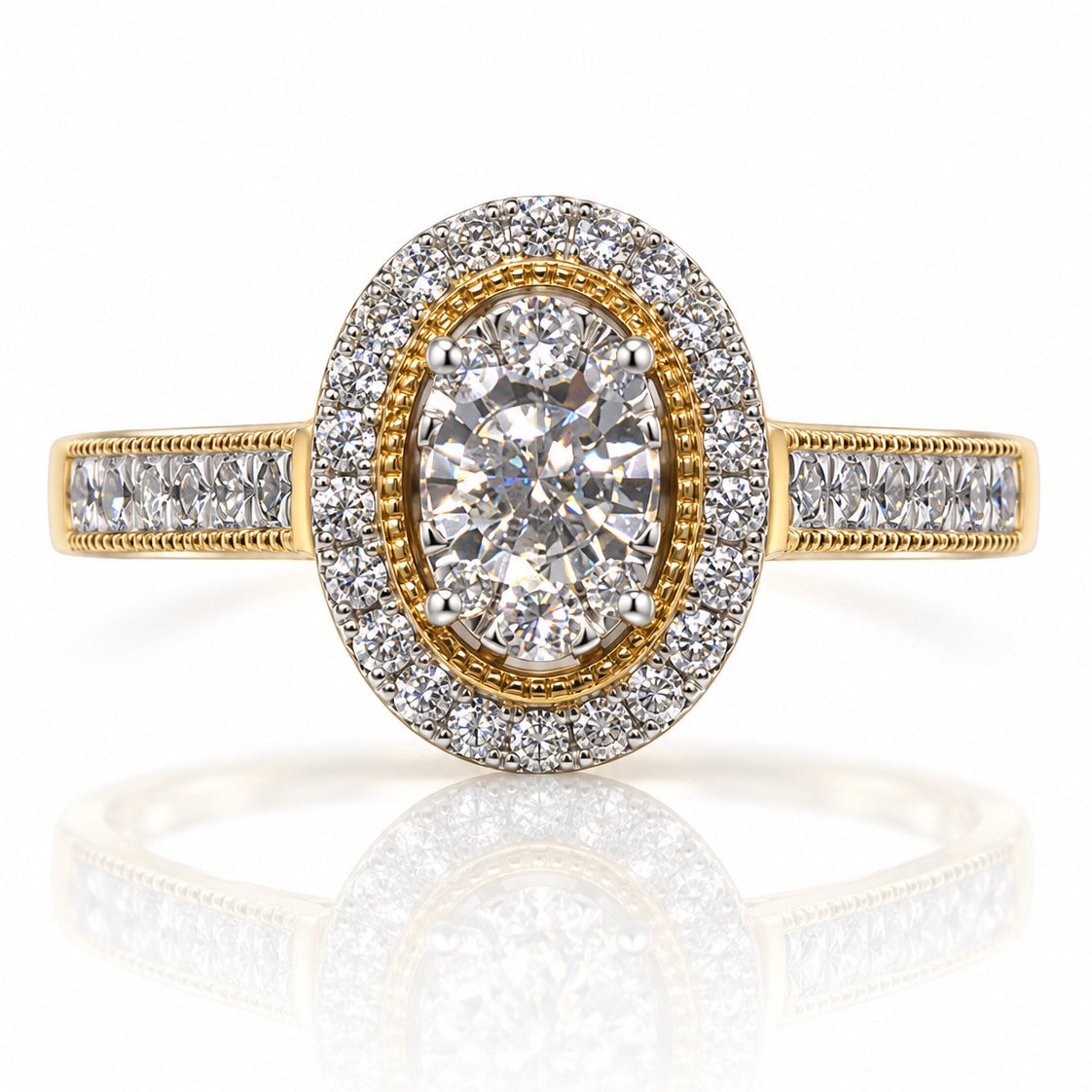 9ct yellow gold oval halo engagement ring with illusion-set centre diamond and pavé shoulders