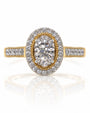 9ct yellow gold oval halo engagement ring with illusion-set centre diamond and pavé shoulders