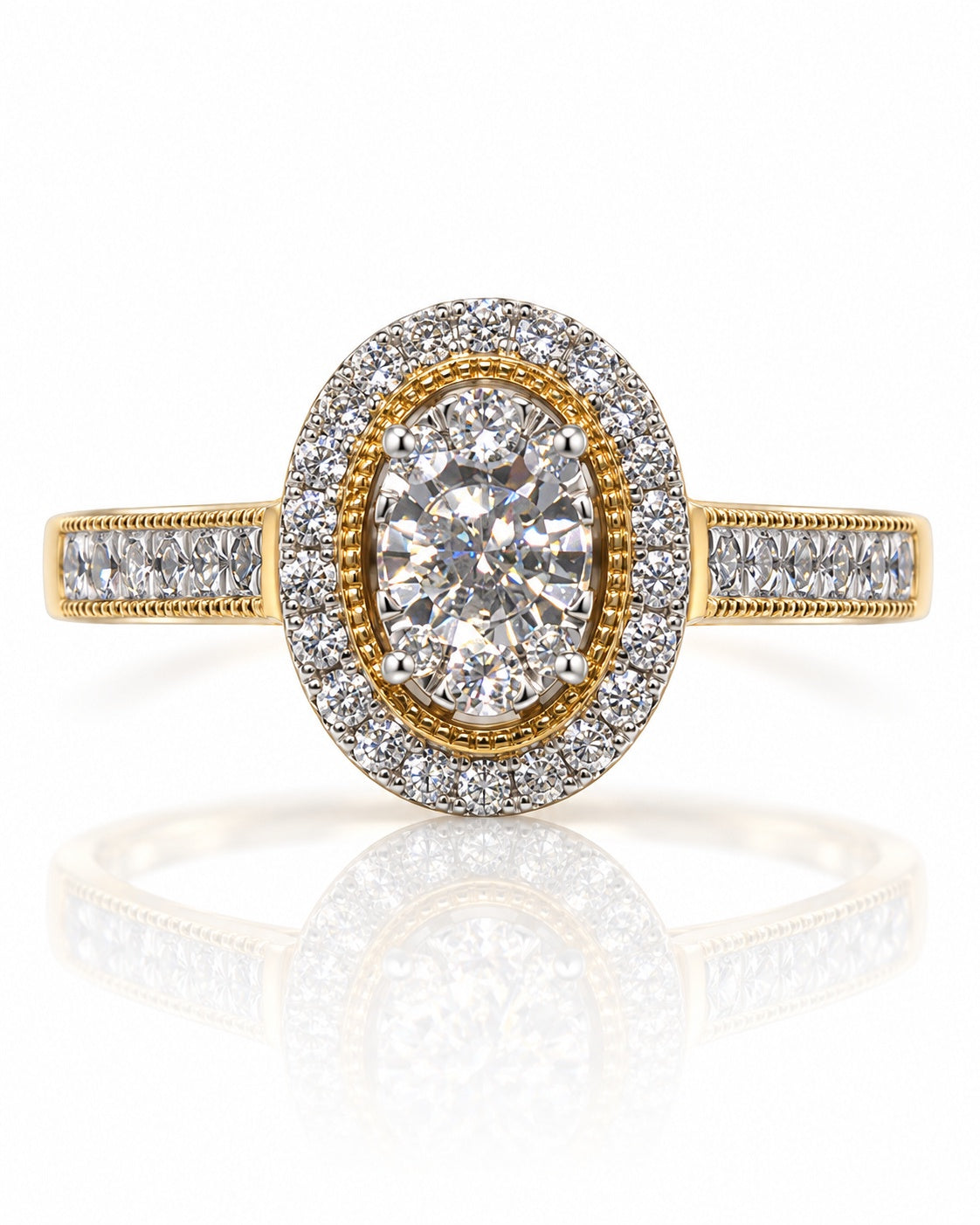 9ct yellow gold oval halo engagement ring with illusion-set centre diamond and pavé shoulders