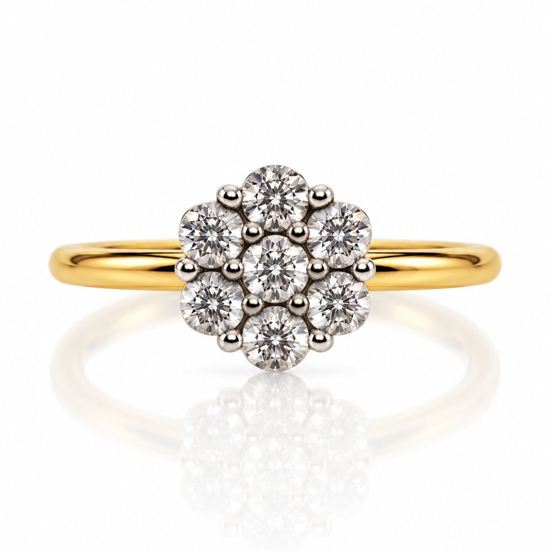 9ct yellow gold cluster engagement ring with seven round stones in claw setting