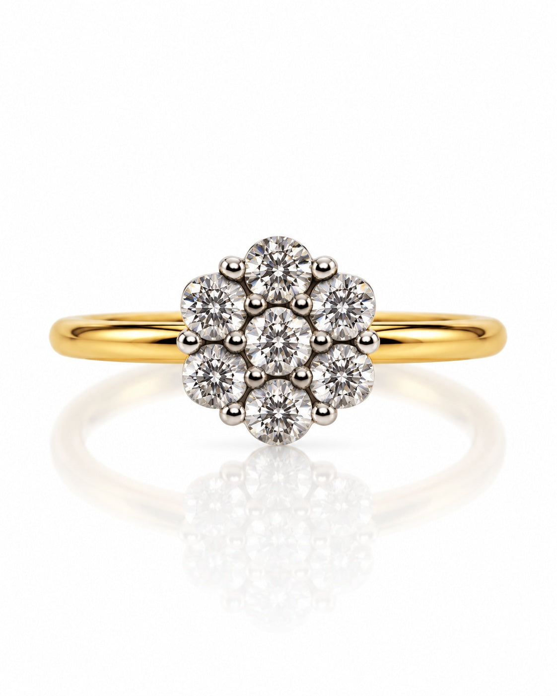 9ct yellow gold cluster engagement ring with seven round stones in claw setting