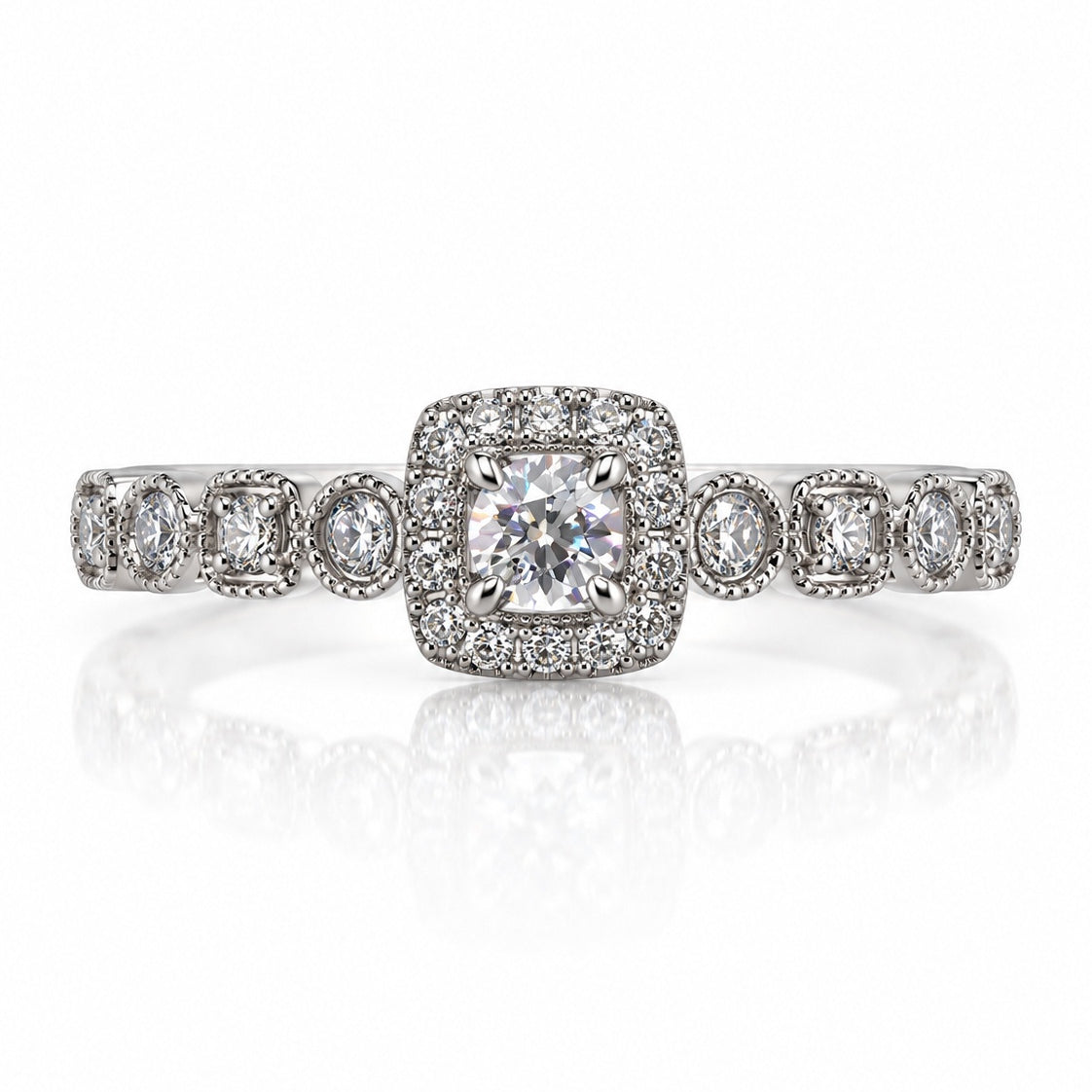 9ct white gold cushion halo engagement ring with 0.20ct diamonds and milgrain detailing