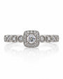 9ct white gold cushion halo engagement ring with 0.20ct diamonds and milgrain detailing