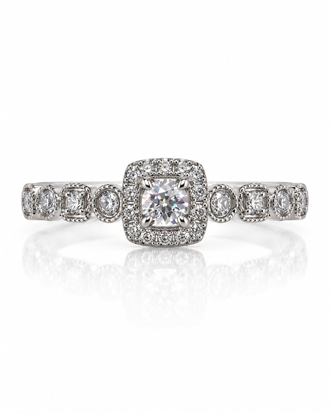 9ct white gold cushion halo engagement ring with 0.20ct diamonds and milgrain detailing