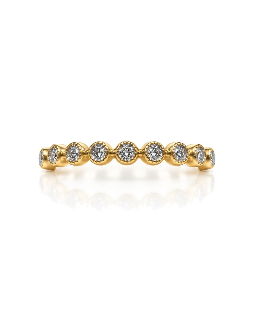 9ct yellow gold eternity band with round diamonds in continuous bezel setting