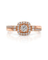 9ct rose gold cushion halo engagement ring with pavé shoulders and split shank