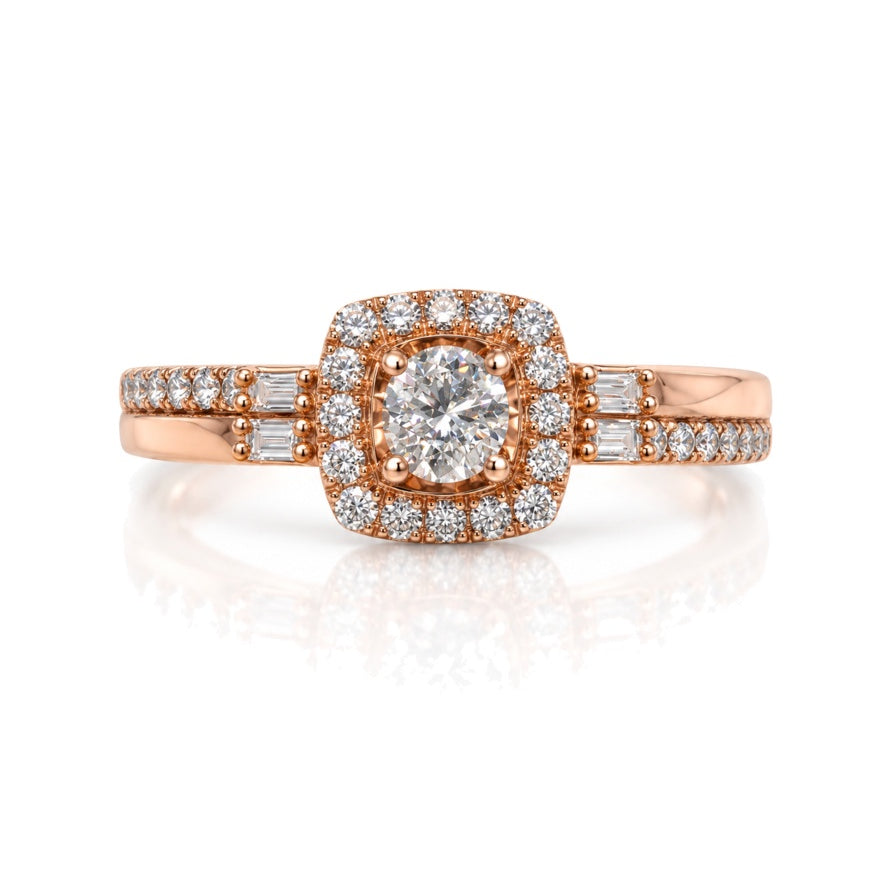 9ct rose gold cushion halo engagement ring with pavé shoulders and split shank