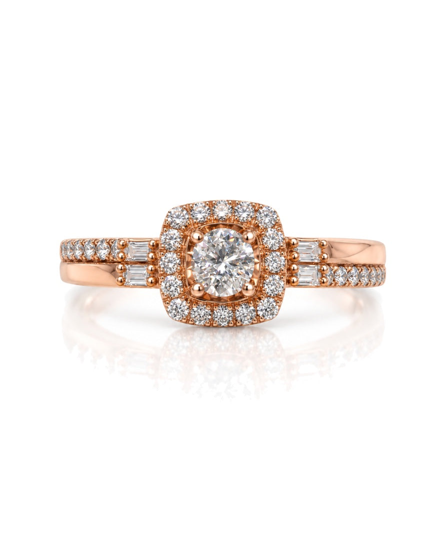 9ct rose gold cushion halo engagement ring with pavé shoulders and split shank