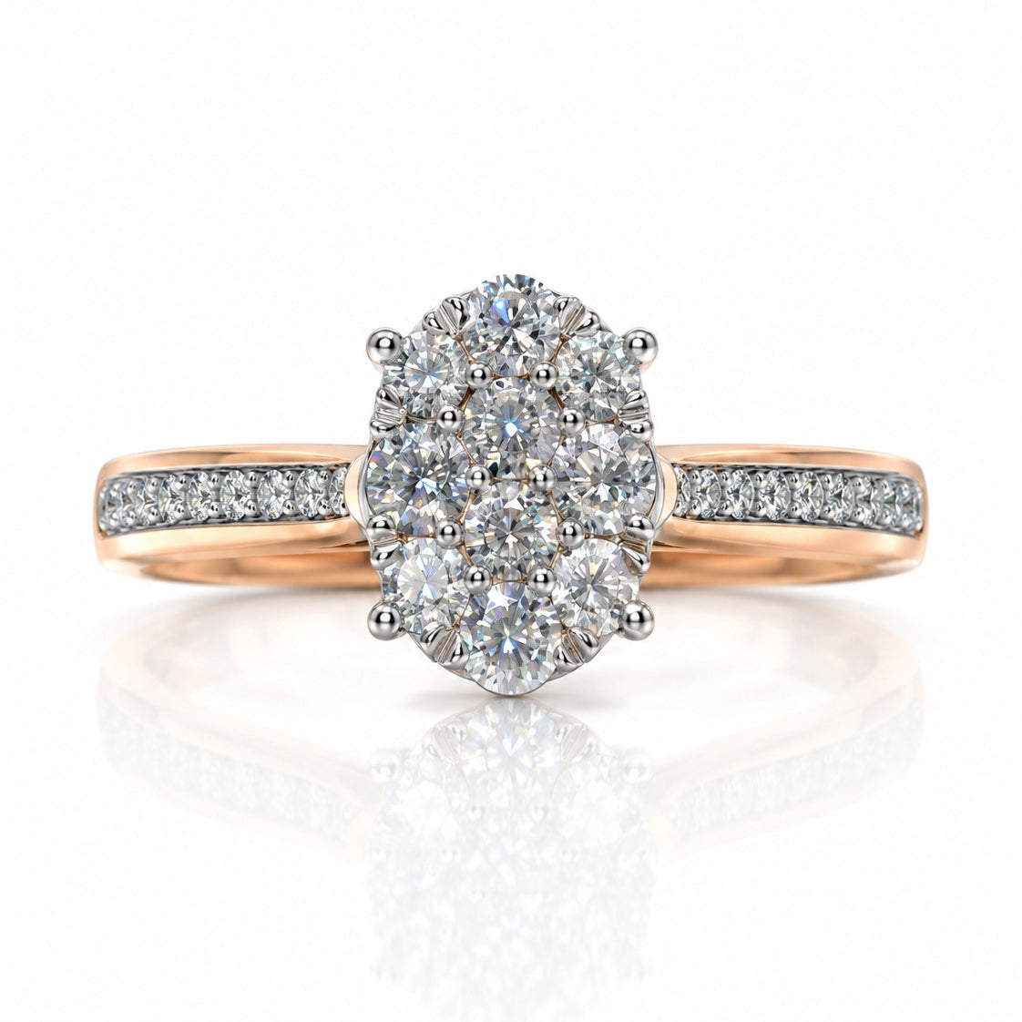 9ct rose gold oval cluster engagement ring with claw-set diamonds and double pavé shoulders