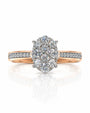 9ct rose gold oval cluster engagement ring with claw-set diamonds and double pavé shoulders