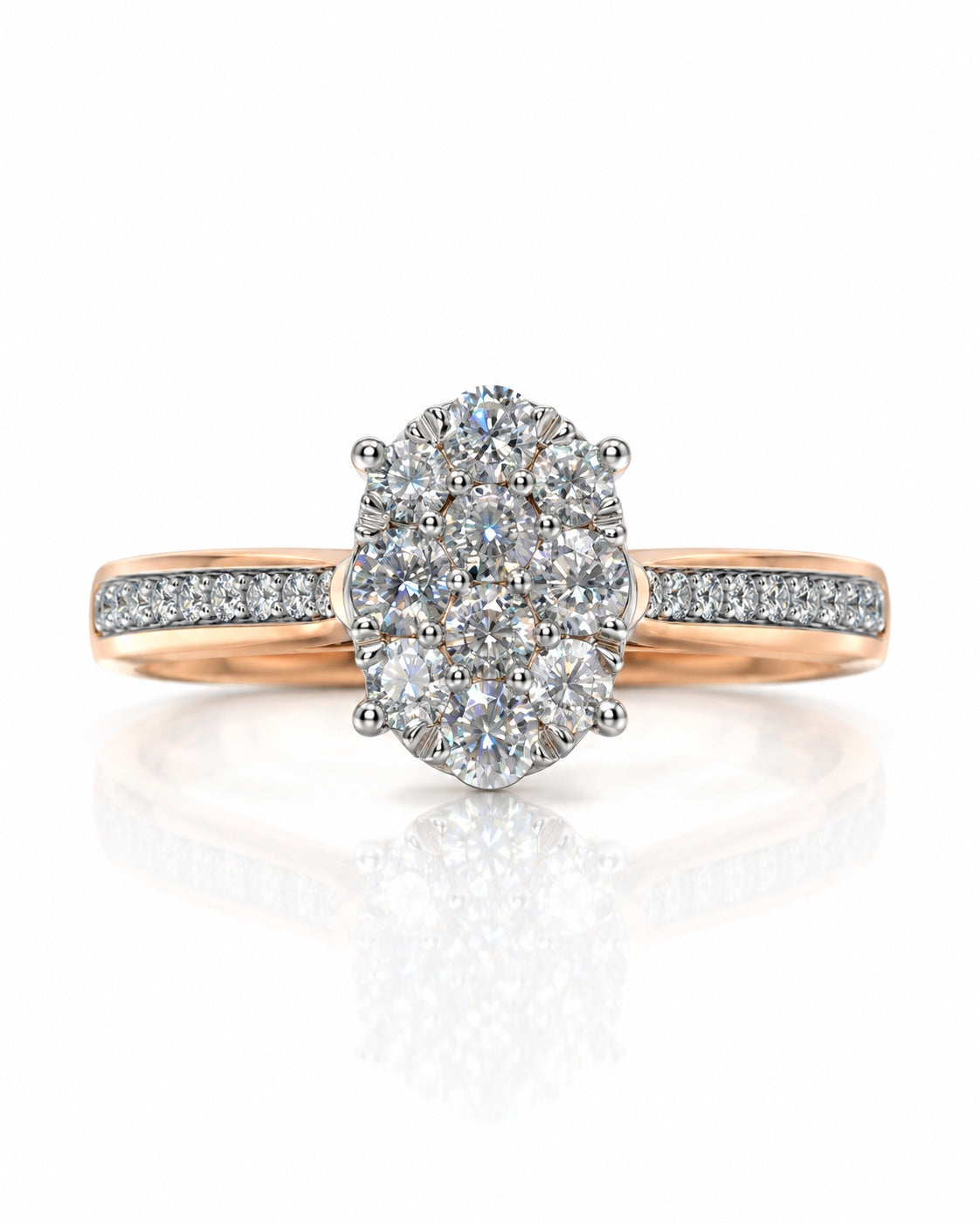 9ct rose gold oval cluster engagement ring with claw-set diamonds and double pavé shoulders