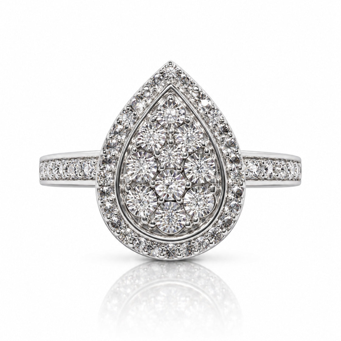 9ct white gold pear-shaped diamond cluster halo engagement ring with pavé shoulders