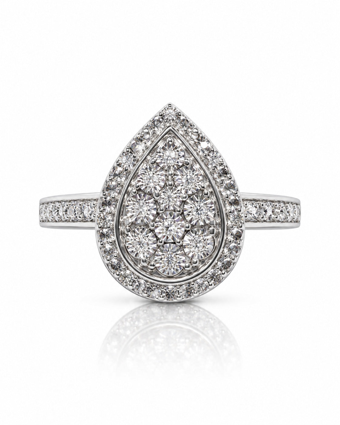 9ct white gold pear-shaped diamond cluster halo engagement ring with pavé shoulders