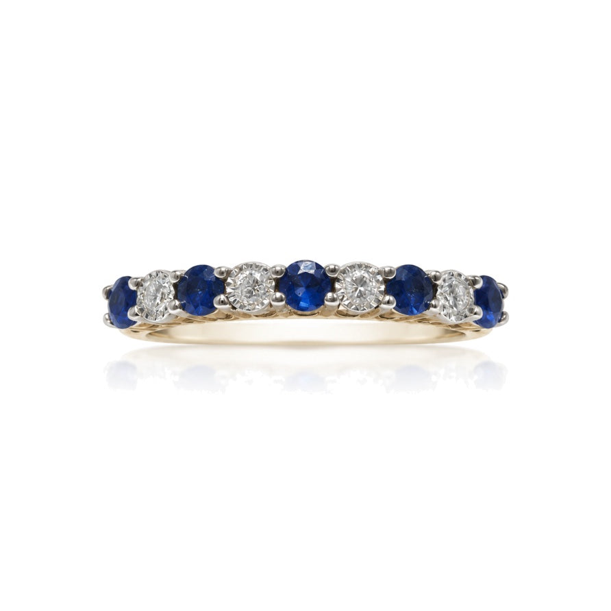 9ct yellow gold half eternity ring with round sapphires in shared claw setting