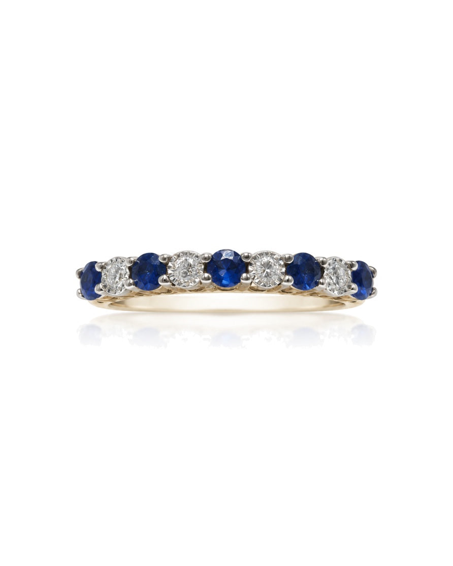 9ct yellow gold half eternity ring with round sapphires in shared claw setting