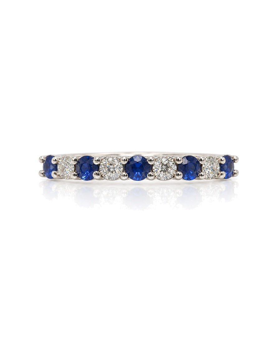 9ct white gold half eternity band with alternating round blue sapphires and diamonds in claw setting