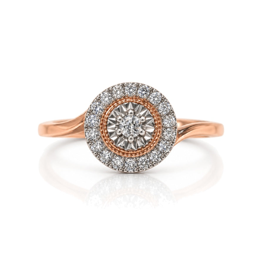 9ct rose gold engagement ring with round diamond cluster halo and pavé surround