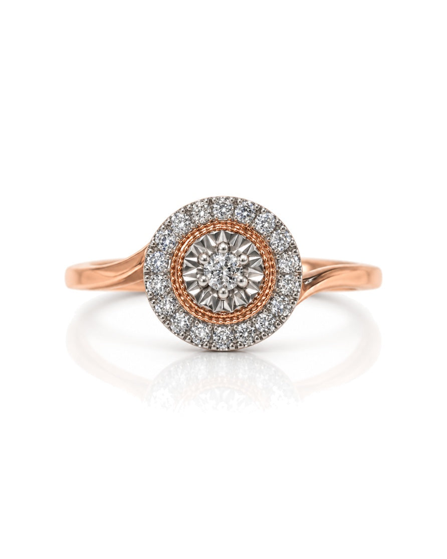 9ct rose gold engagement ring with round diamond cluster halo and pavé surround