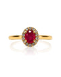 9ct yellow gold halo engagement ring with 0.47ct oval ruby and diamond halo