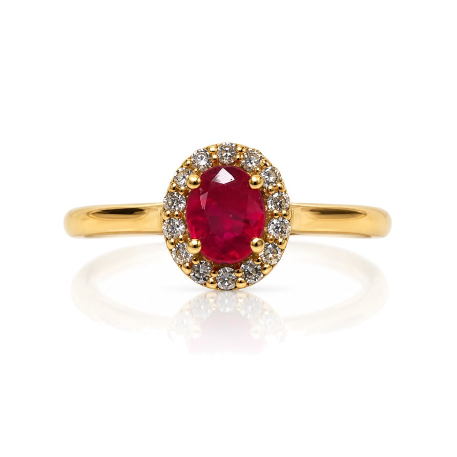 9ct yellow gold halo engagement ring with 0.47ct oval ruby and diamond halo