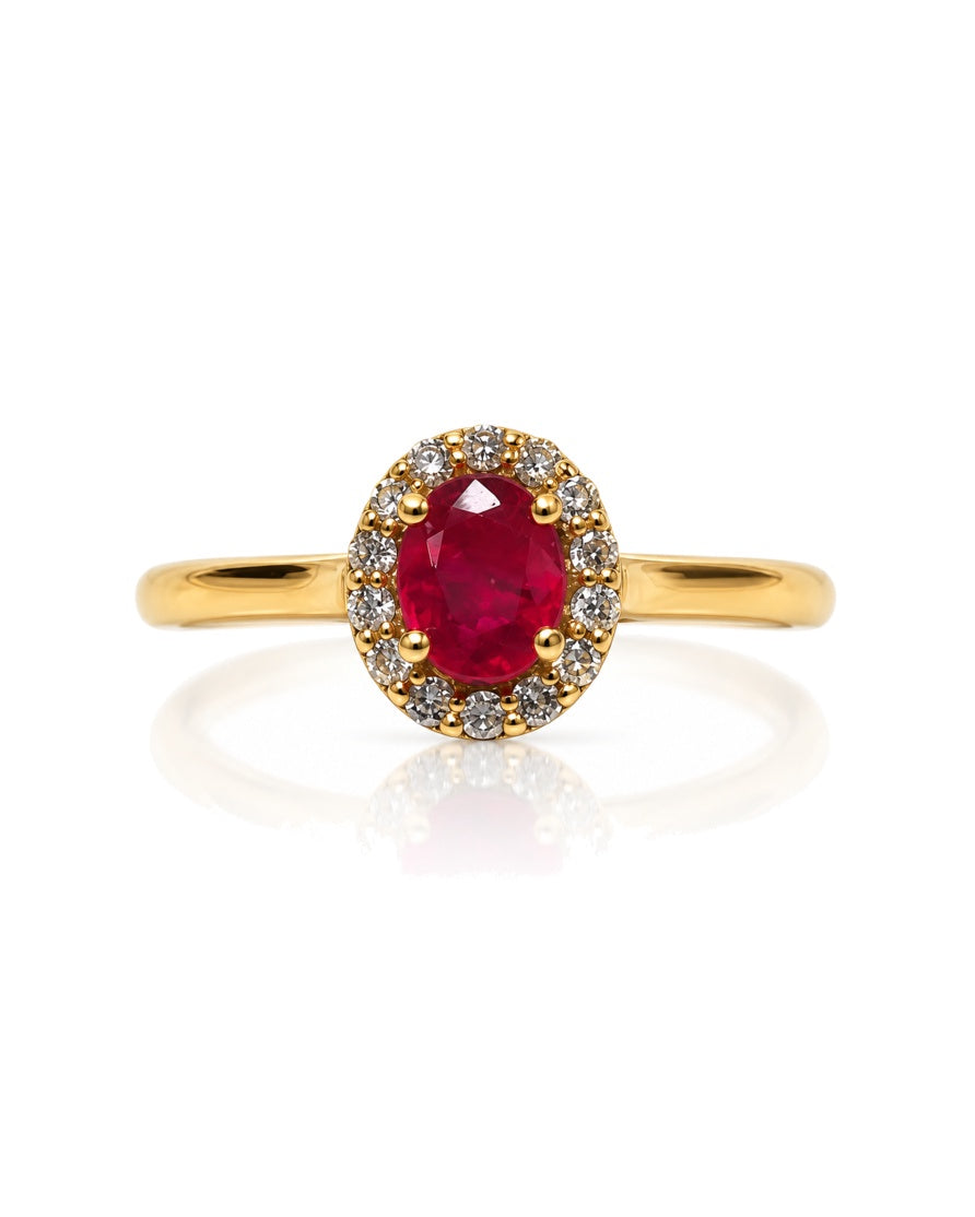 9ct yellow gold halo engagement ring with 0.47ct oval ruby and diamond halo
