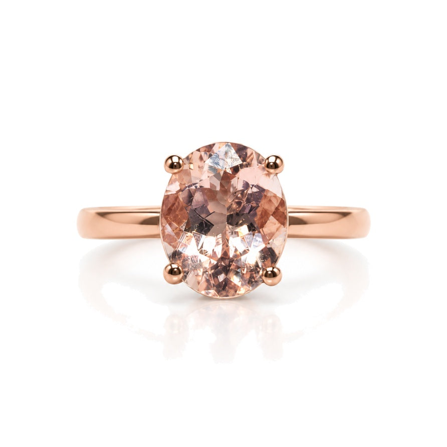 9ct rose gold solitaire engagement ring with 2.63ct oval morganite in four-claw setting