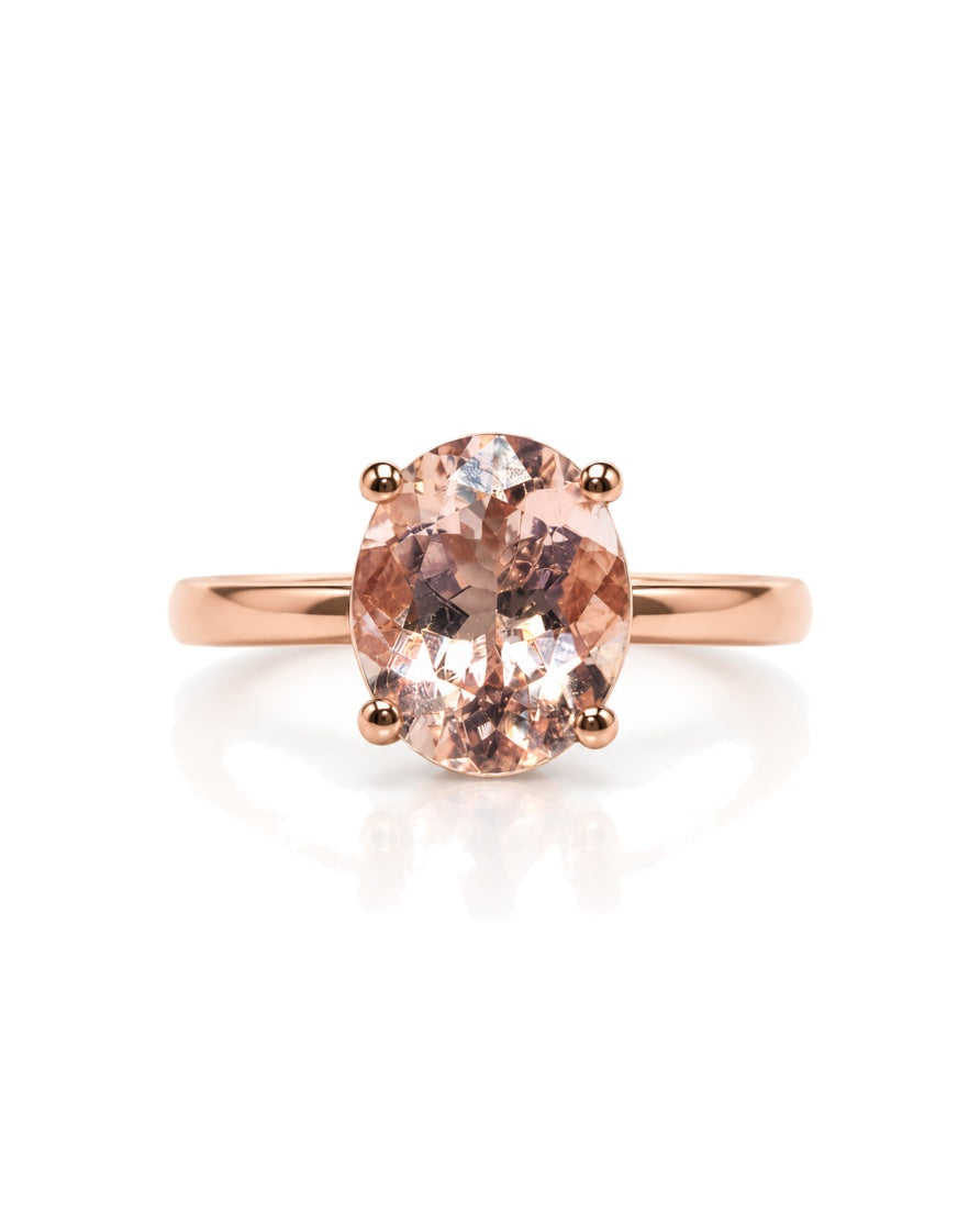 9ct rose gold solitaire engagement ring with 2.63ct oval morganite in four-claw setting