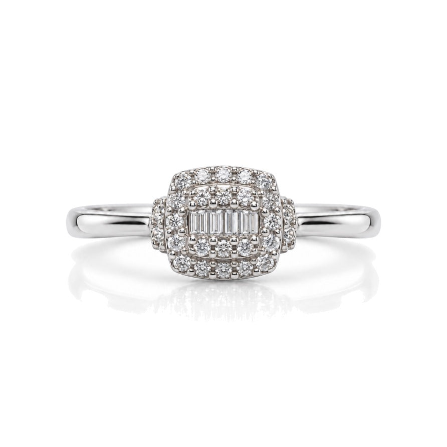 9ct white gold engagement ring with baguette diamond cluster and double halo frame