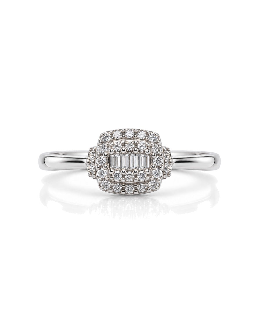 9ct white gold engagement ring with baguette diamond cluster and double halo frame