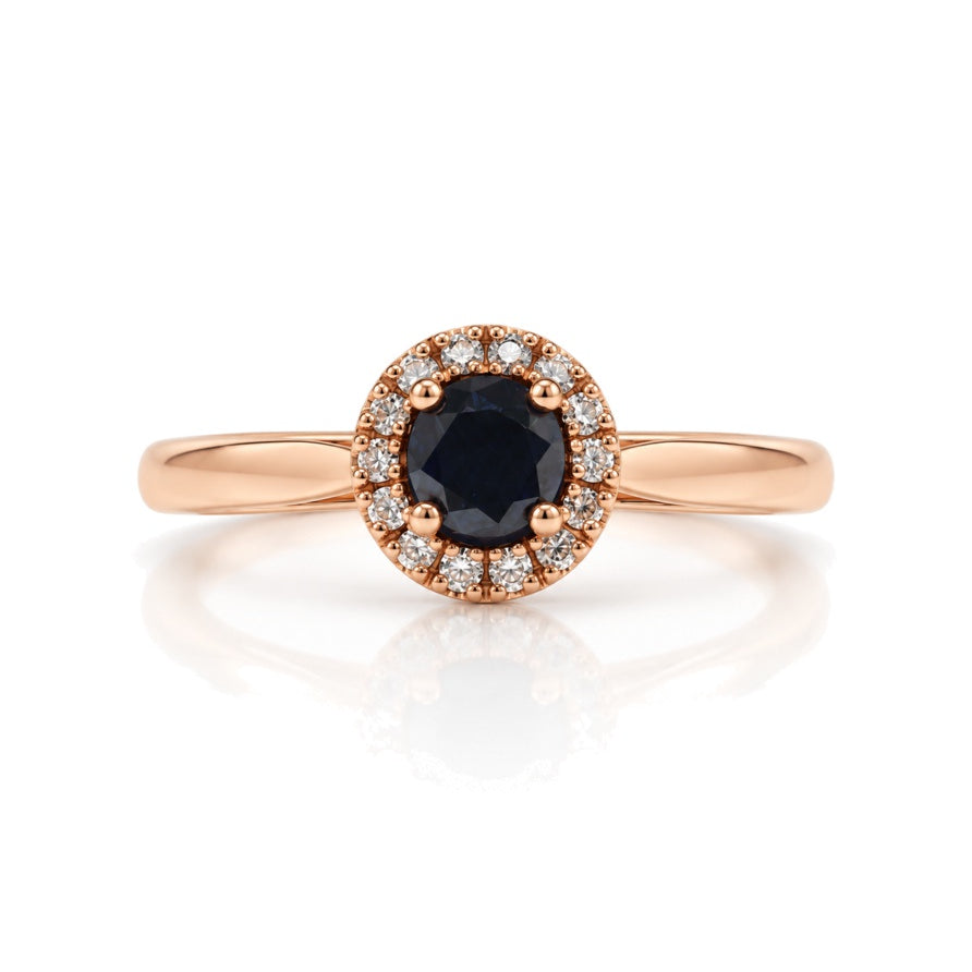 9ct rose gold halo engagement ring with round centre diamond and pavé-set diamond halo