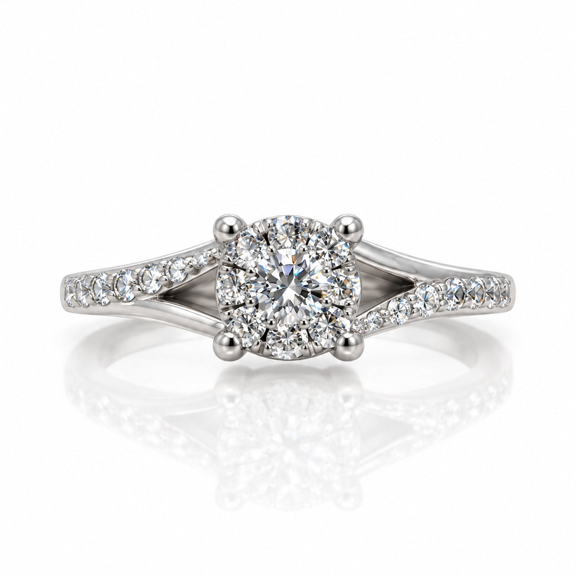9ct white gold split shank halo engagement ring with round centre diamond and pavé shoulders