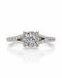 9ct white gold split shank halo engagement ring with round centre diamond and pavé shoulders