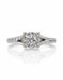 9ct white gold split shank halo engagement ring with round centre diamond and pavé shoulders