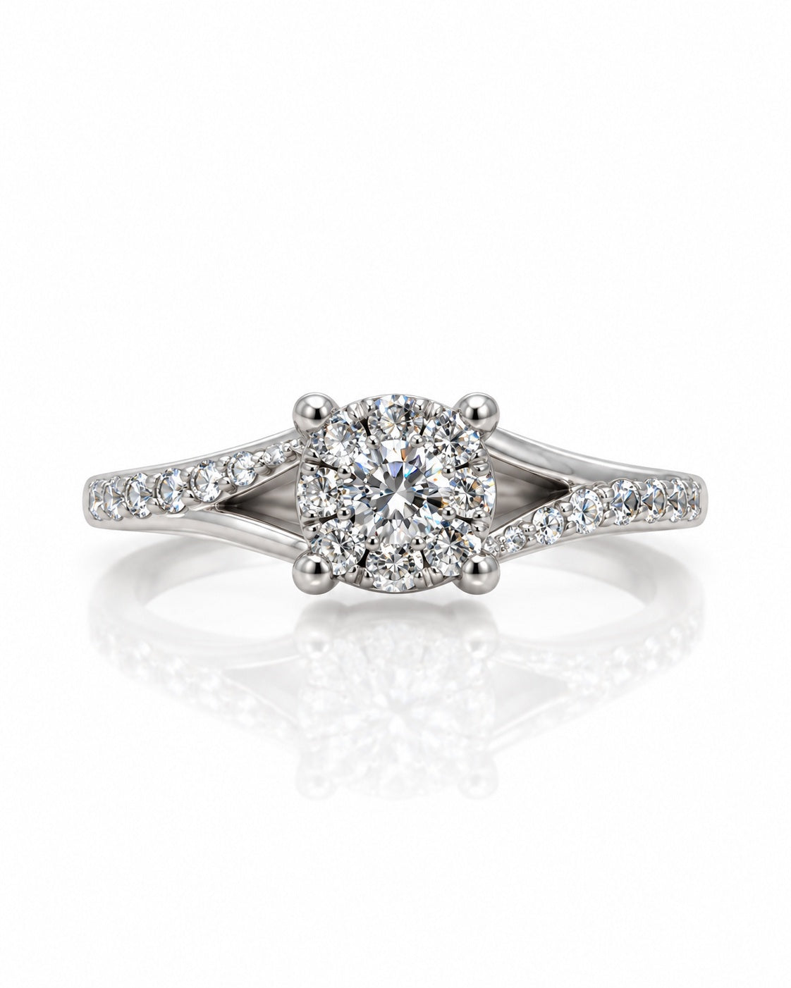 9ct white gold split shank halo engagement ring with round centre diamond and pavé shoulders