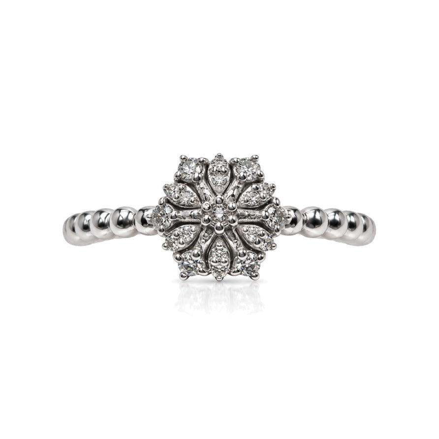 9ct white gold diamond cluster dress ring with snowflake motif and beaded shank