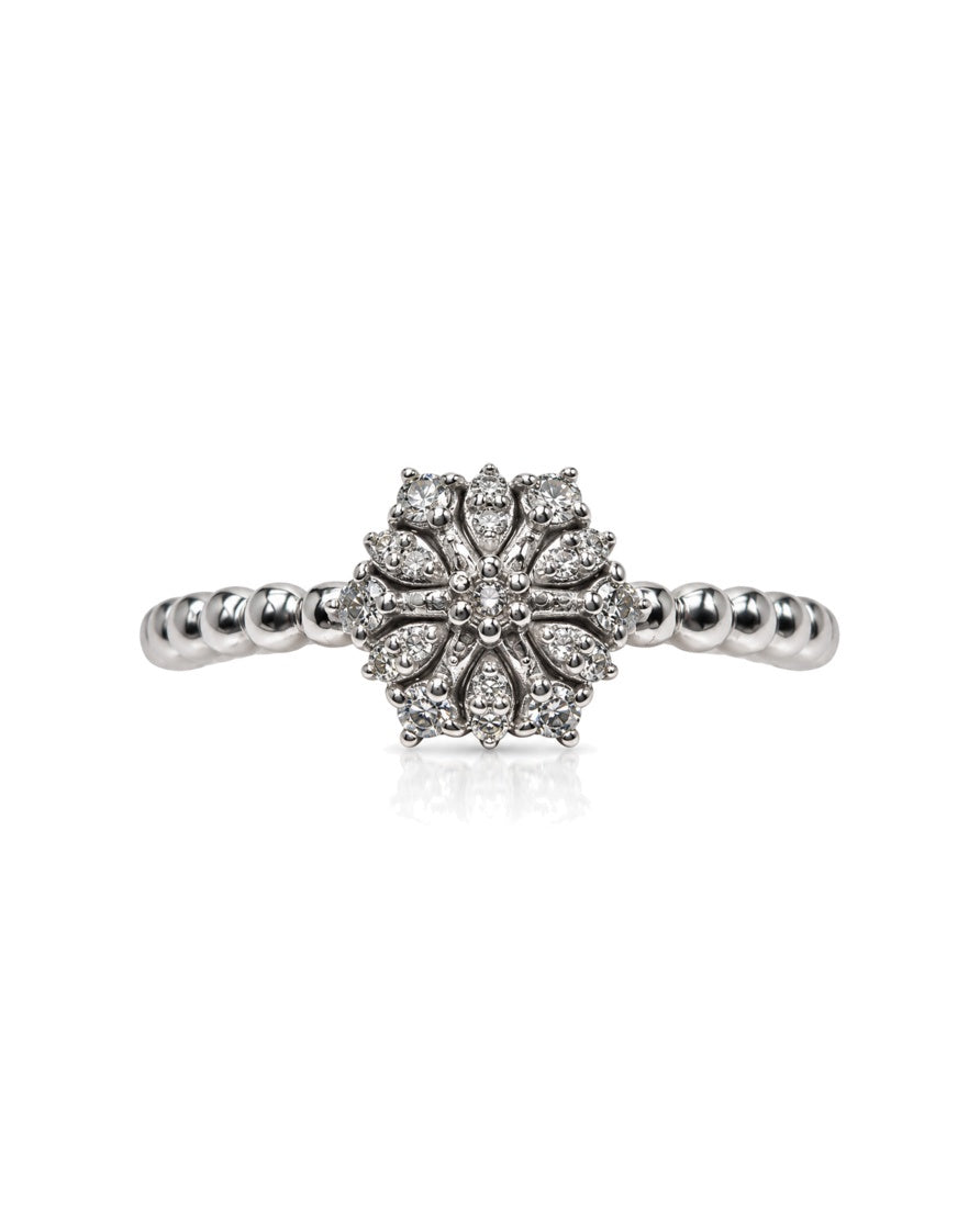 9ct white gold diamond cluster dress ring with snowflake motif and beaded shank