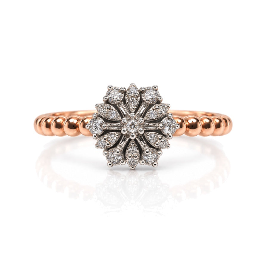 9ct rose gold diamond cluster dress ring with snowflake motif and beaded shank