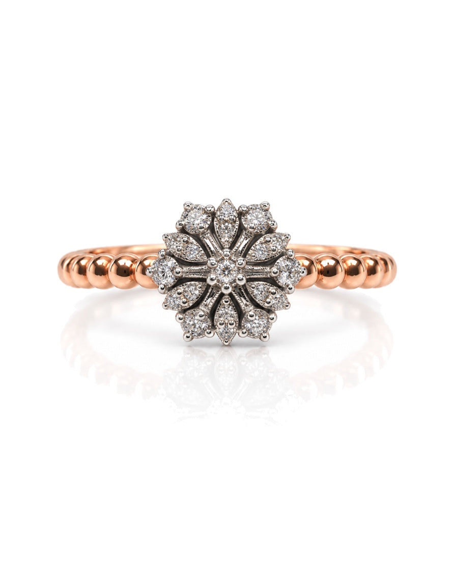 9ct rose gold diamond cluster dress ring with snowflake motif and beaded shank