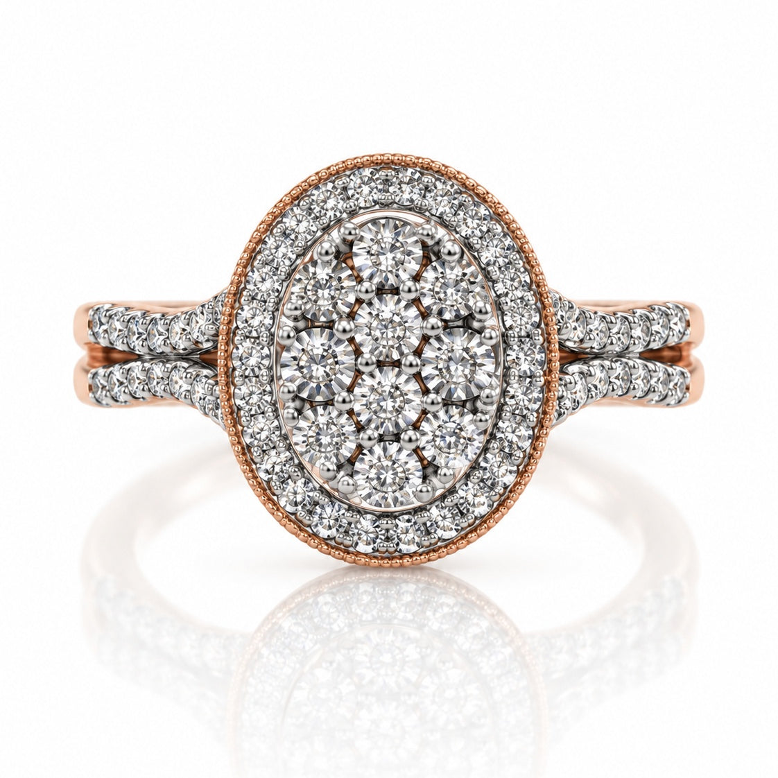 9ct rose gold oval diamond cluster halo engagement ring with pavé shoulders and milgrain detail