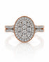 9ct rose gold oval diamond cluster halo engagement ring with pavé shoulders and milgrain detail