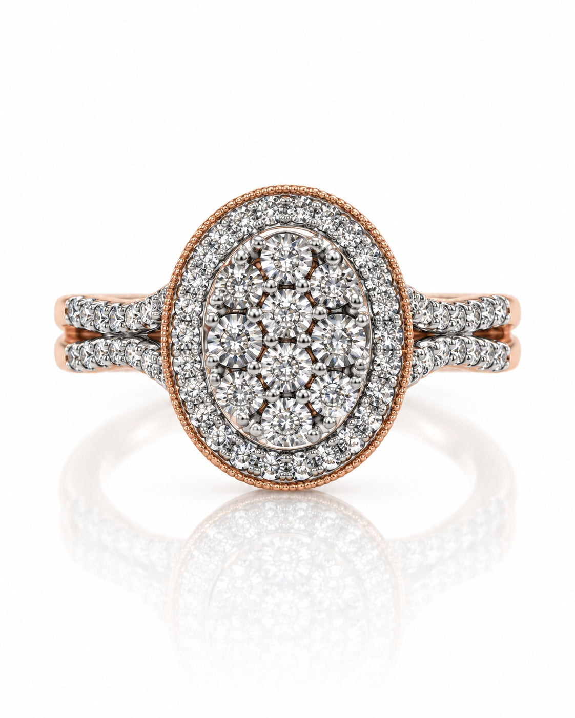 9ct rose gold oval diamond cluster halo engagement ring with pavé shoulders and milgrain detail