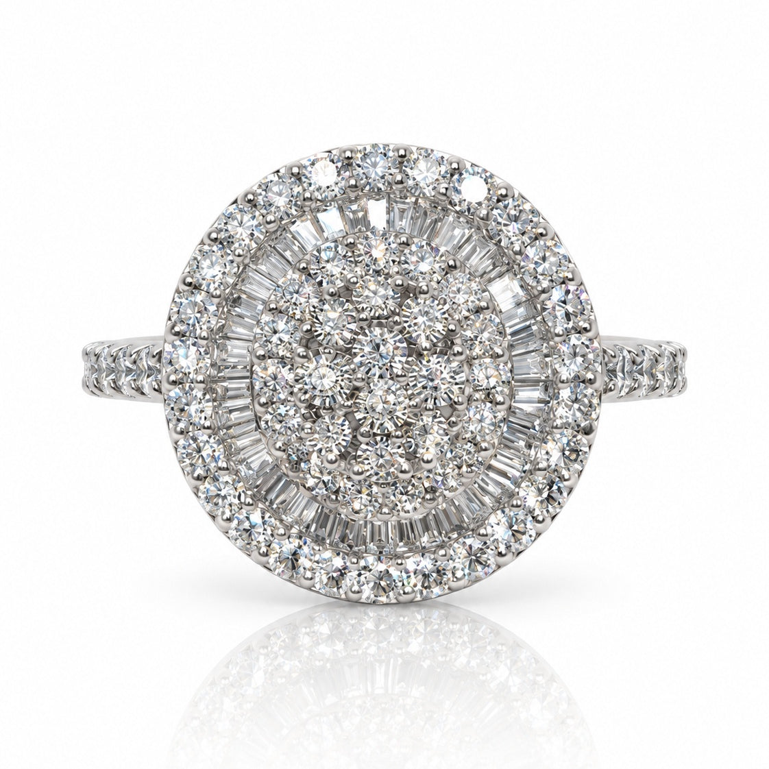 9ct white gold engagement ring with double halo cluster and pavé-set diamond shoulders