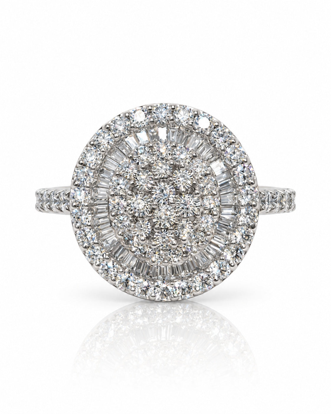 9ct white gold engagement ring with double halo cluster and pavé-set diamond shoulders