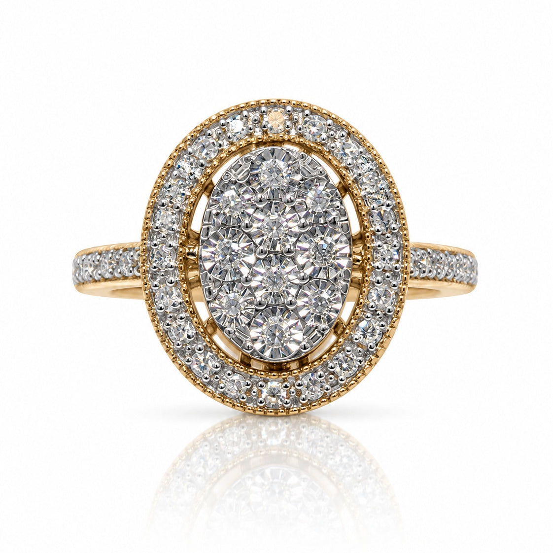 9ct yellow gold engagement ring with oval diamond cluster halo and pavé shoulders