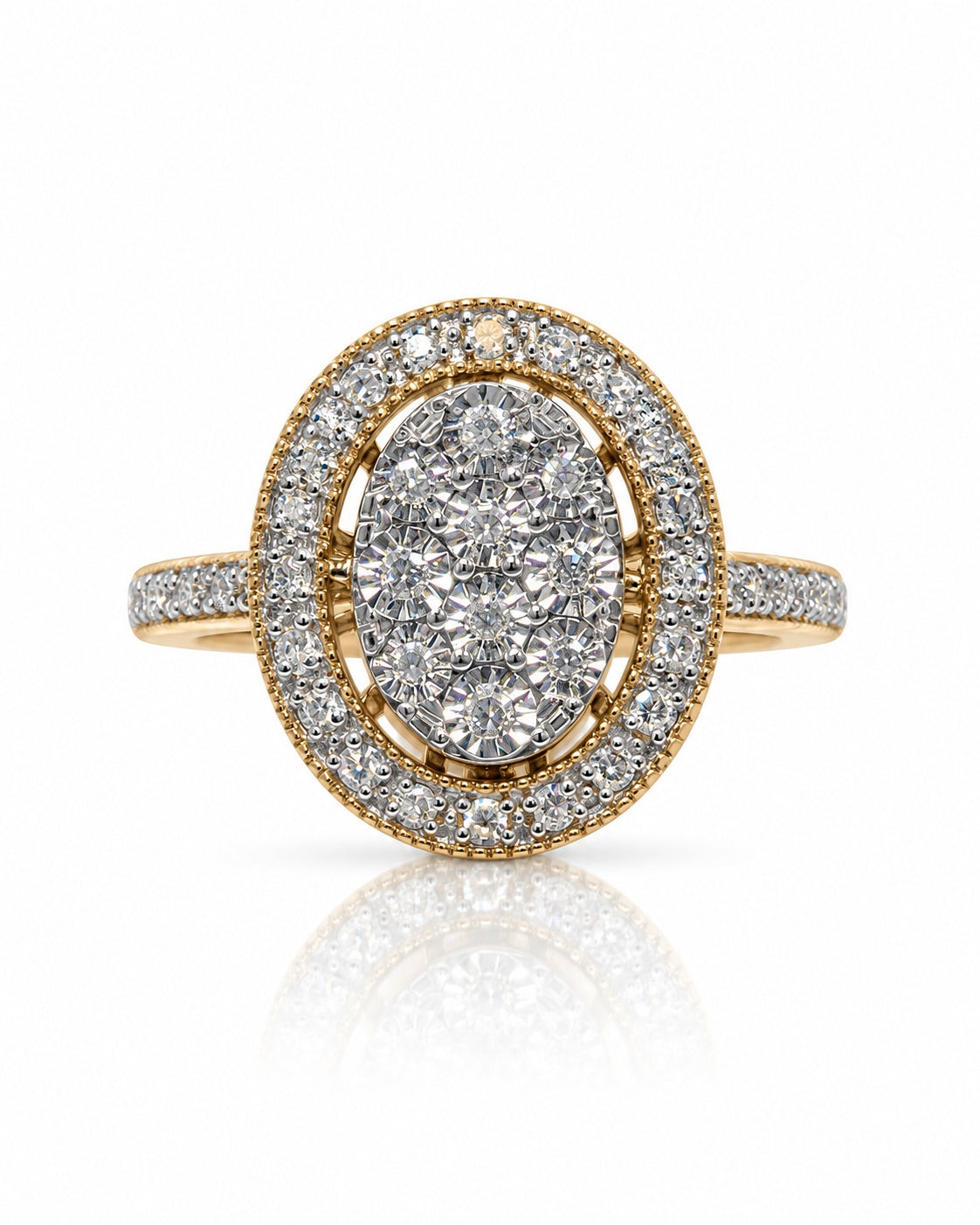 9ct yellow gold engagement ring with oval diamond cluster halo and pavé shoulders