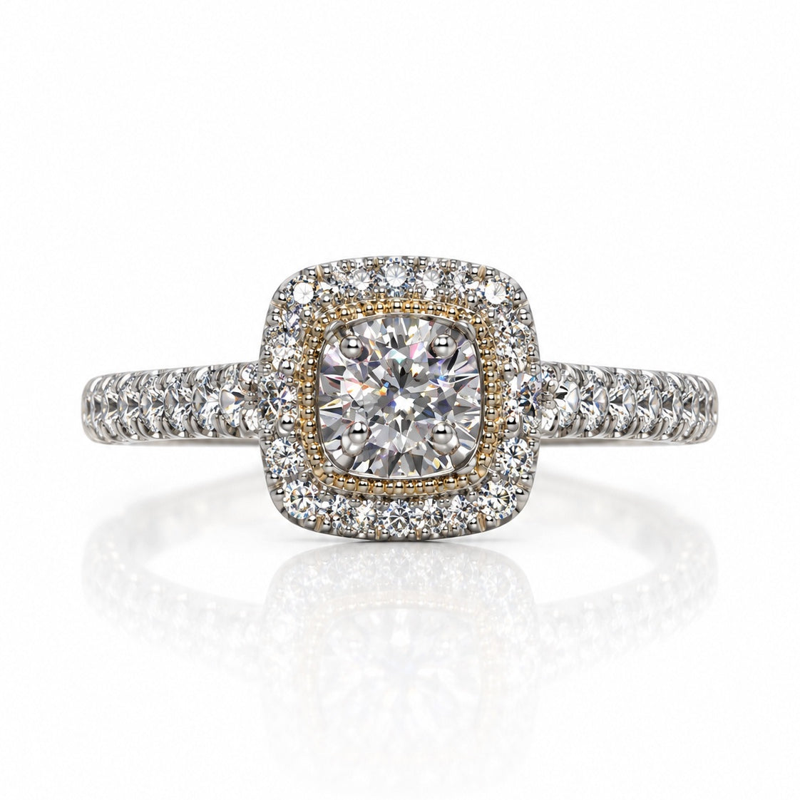9ct white gold cushion diamond halo engagement ring with milgrain beading and pavé shoulders