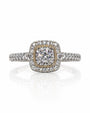 9ct white gold cushion diamond halo engagement ring with milgrain beading and pavé shoulders