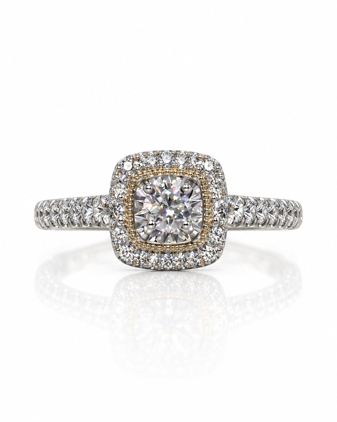 9ct white gold cushion diamond halo engagement ring with milgrain beading and pavé shoulders