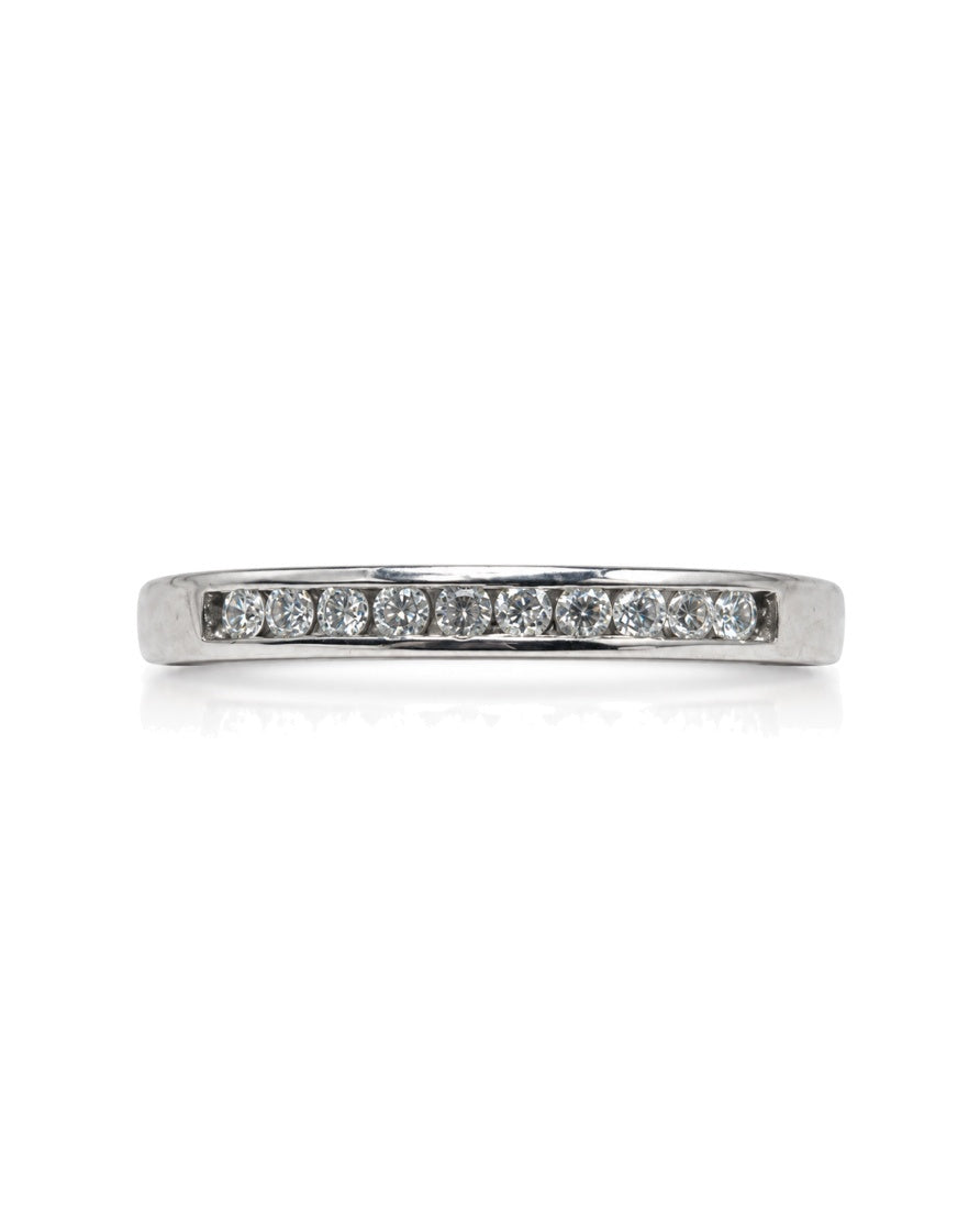 9ct white gold wedding band with channel-set round diamonds and polished court profile