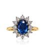 9ct yellow gold engagement ring with oval blue sapphire and diamond halo
